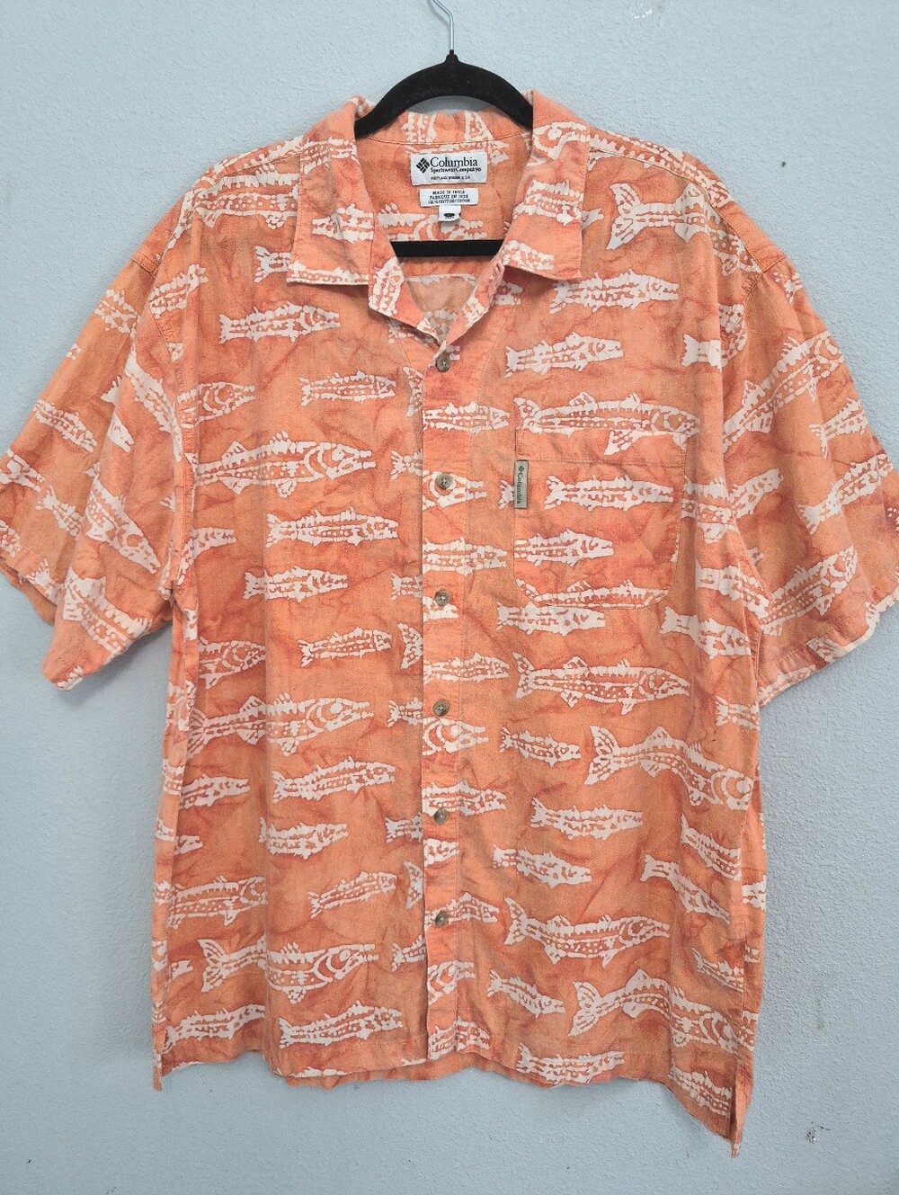 Columbia Fish Print Camp Collar Short Sleeve Button Down Men Large Dad Shirt